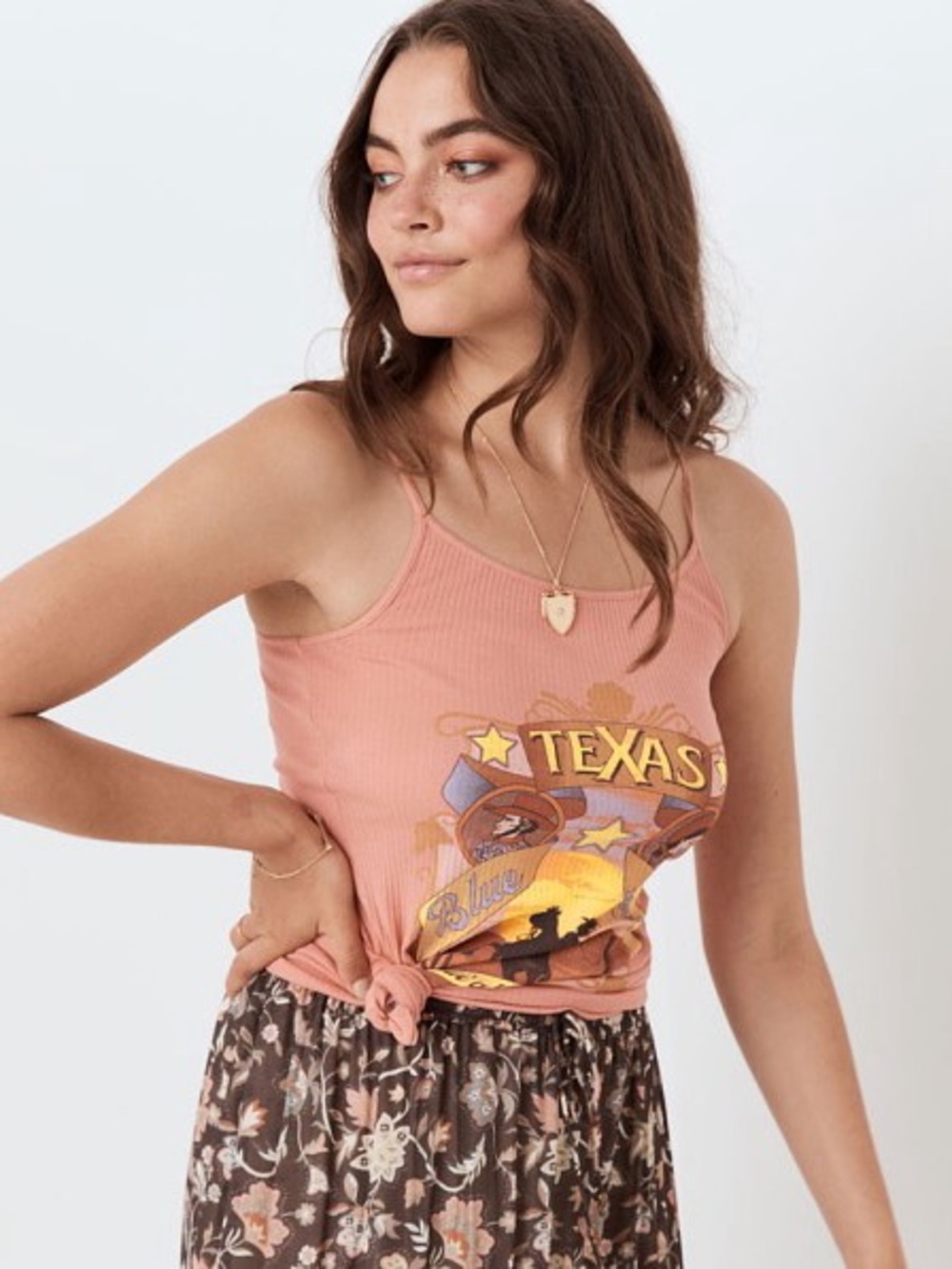 SPELL VINTAGE 🌸 Texas Rodeo Blue Moon Ribbed Peach Cami Tank S
